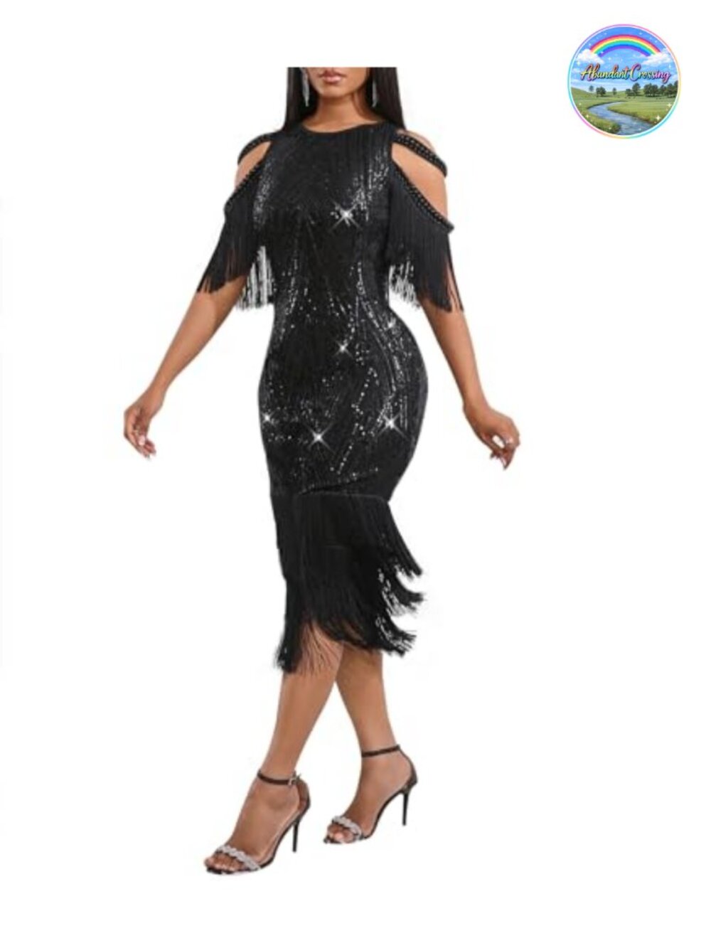 Sequin Bodycon Midi Dress Long Sleeve Tassel Formal Party Evening Gown